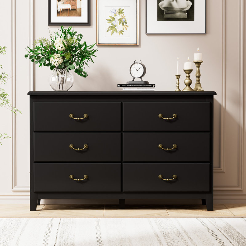 6 Drawer Double Dresser Large Storage Cabinet Chest of Drawers with Brass Handle for Bedroom Living Room Winston Porter Color Black
